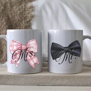 Mr. & Mrs. Ceramic Coffee Mugs - White with Pink and Black Bows